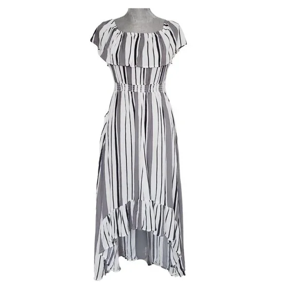 SOLD ! New Look Gray Striped Off Shoulder Casual Maxi Dress Size Small GUC - Picture 9 of 15